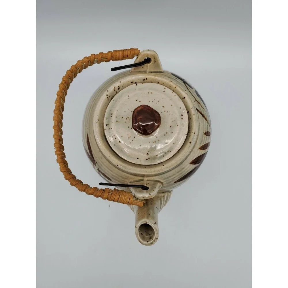 Vintage Japan Ceramic Stoneware Teapot with Wicker Bamboo Handle Asian